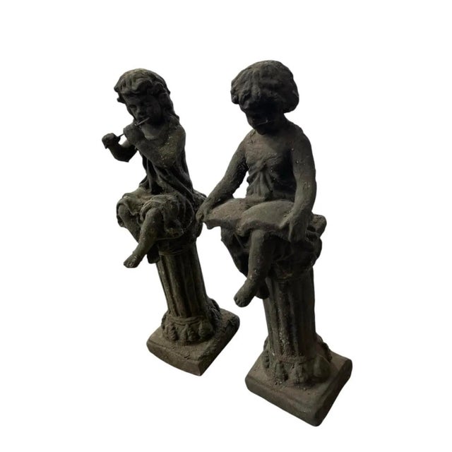 1980s Pair of Vintage European Style Cast Iron Seated Putti Statues on Fluted Pedestals For Sale - Image 5 of 12
