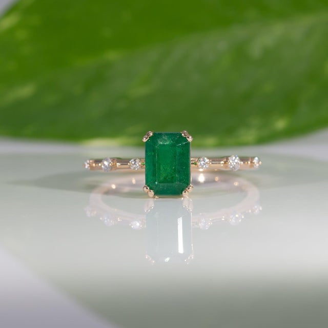 2020s 1.2Ct Zambian Emerald Ring With Earth-Mined Diamond Accents: Solid 14k Gold, Size 6.75 For Sale - Image 5 of 9