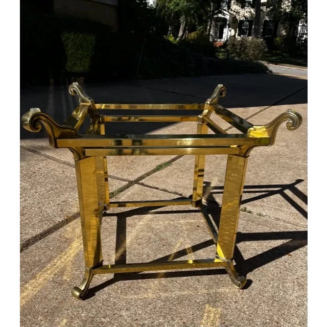 Metal Mid 20th Century Hollywood Regency Brass Scroll Design Glass End Table For Sale - Image 7 of 10