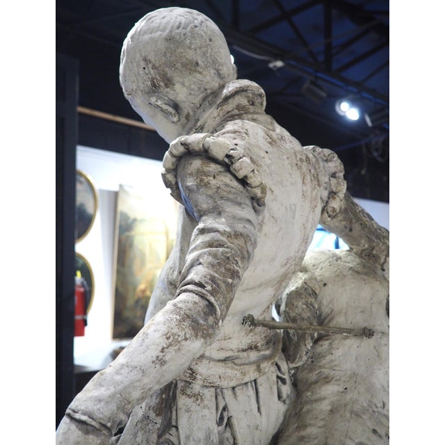Signed Antique French Plaster Sculpture, a Renaissance Boy and His Dog, C. 1880 For Sale - Image 12 of 18
