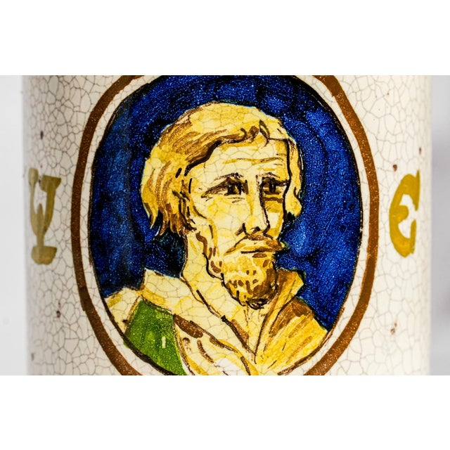 Italian Rare Pair Italian 19th Century Hand Painted Ceramic Antique Apothecary Lidded Jars Portrait Profiles For Sale - Image 3 of 18
