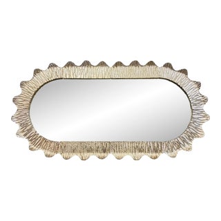 Modern Italian Art Deco Style Curved Ivory Cream Murano Glass Brass Oval Mirror For Sale