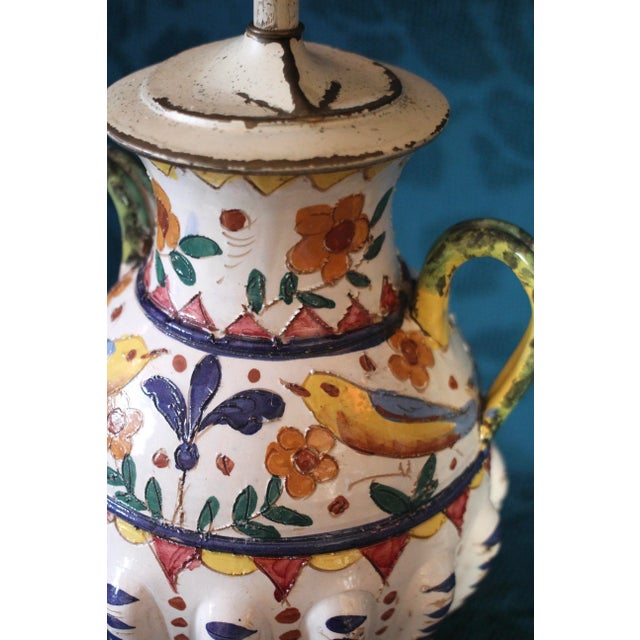 Rustic European Antique Majolica Table Lamp With Birds For Sale - Image 3 of 9