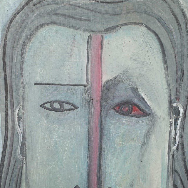 Textile Mid-Century Modernist Abstract Cubist Portrait in Oil on Canvas Signed Augusti For Sale - Image 7 of 9