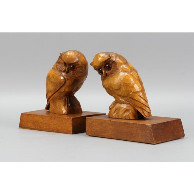 Brown Hand Carved Owl Wooden Bookends, Germany, 1930s, Set of 2 For Sale - Image 8 of 18