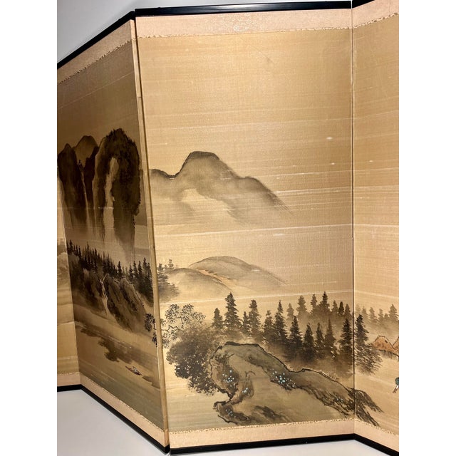 Vintage Japanese 4-Panel Byobu Folding Screen Hand Painted on Silk Landscape Motif 66" X 36" For Sale - Image 4 of 11