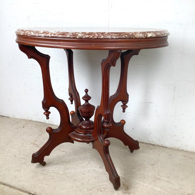 Victorian Revival Marble Top Center Table With Carved Walnut Pedestal Base For Sale - Image 4 of 18