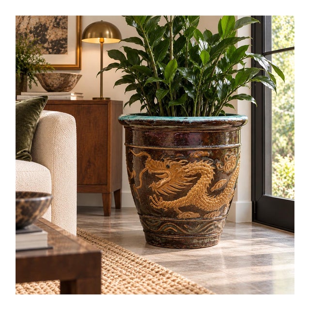 Antique Quing Shiwan-Style Dragon Egg Pot Jardinière With Turquoise Interior For Sale