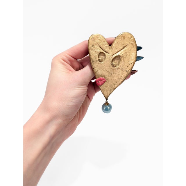 Vintage Handmade BillyBoy* Gold Heart With Face Brooch, 1985 For Sale - Image 4 of 14