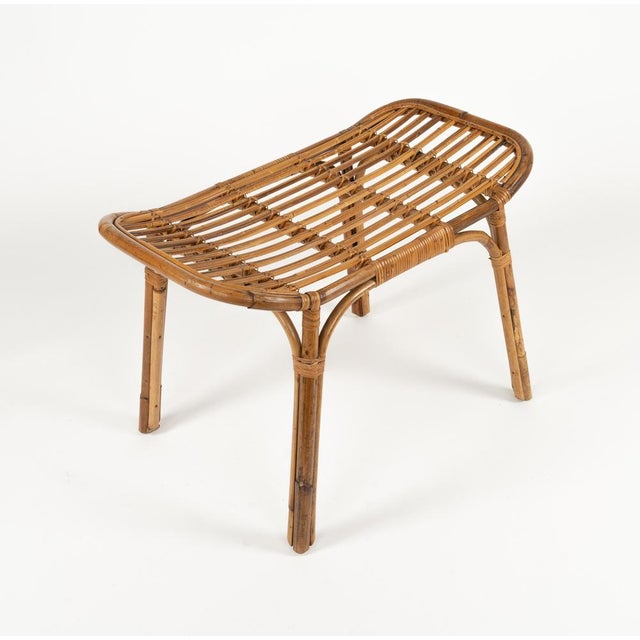 Brown Mid-Century Bench or Side Table in Rattan & Bamboo in the style of Tito Agnoli, Italy, 1960s For Sale - Image 8 of 18