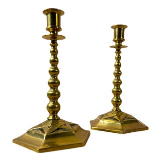 Antique English Edwardian Brass Hexagonal Candlestick Holders For Sale