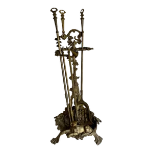 Antique French Brass Hunting Dog Fireplace Tool Set