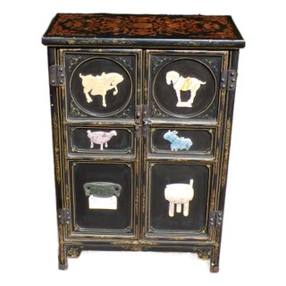 Vintage Mid Century Jinlong Chinese Black Lacquer and Soapstone Console Cabinet For Sale