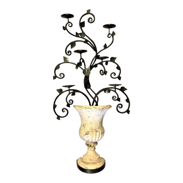 Stone Wall Urn With Iron Candelabra For Sale