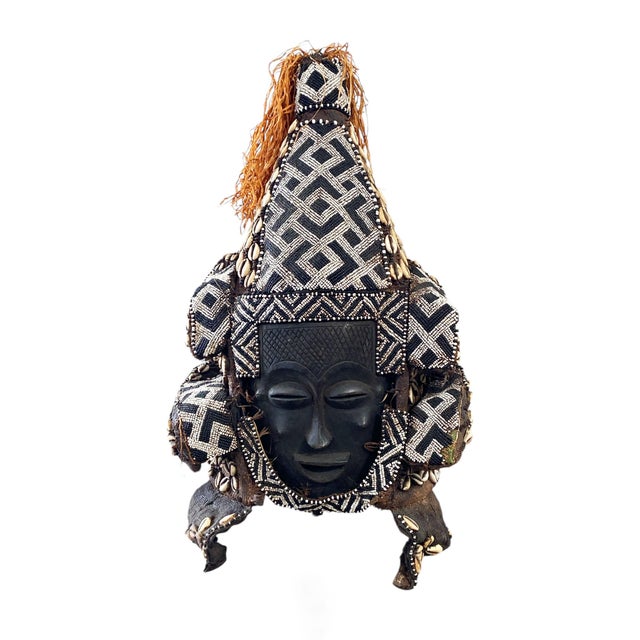 Impressive vintage beaded Kuba ceremonial headdress/helmet from Congo, hand made with wood, beaded cloth, and raffia. This...