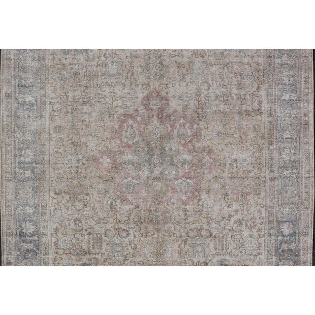 Vintage Muted Persian Tabriz Rug With Large Tribal Medallion in Earthy Tones. Vintage Distressed Persian Rug. Keivan Woven...