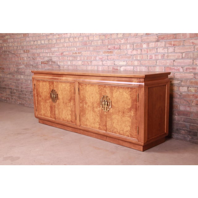 1970s Raymond Sobota for Century Hollywood Regency Chinoiserie Burl Wood Sideboard Credenza, Newly Refinished For Sale - Image 5 of 13
