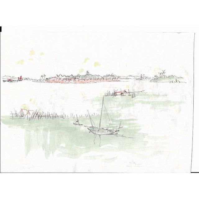 Double sided watercolor on paper by English artist Ivy Attwell (1895-1985) of the Clifford Pier in Singapore. Attwell...