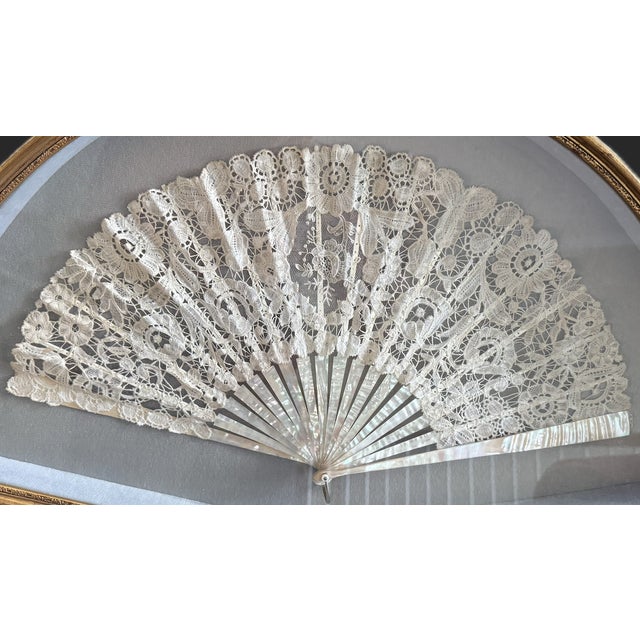 Victorian French Alençon Lace and Mother of Pearl Fan in Shadow Box Frame For Sale - Image 4 of 11