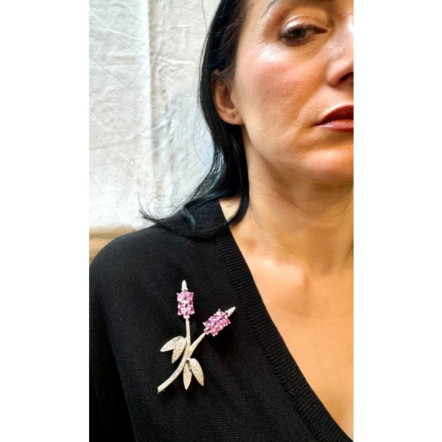 Vintage 18 Kt White Gold Diamond & 13 Ct Pink Sapp Floral Bouquet Broach 23.2 GM For Sale - Image 11 of 18