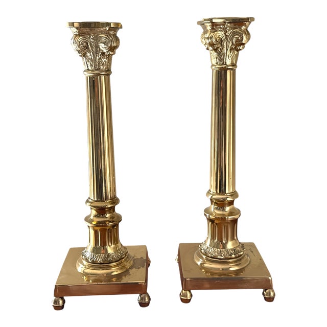 Vintage Neoclassical Style Brass Plated Column Candlesticks, 16.5” Tall - A Pair For Sale