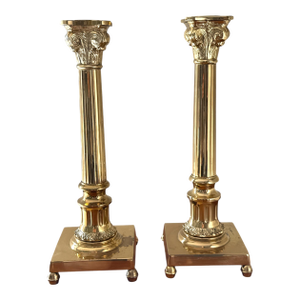 Vintage Neoclassical Style Brass Plated Column Candlesticks, 16.5” Tall - A Pair