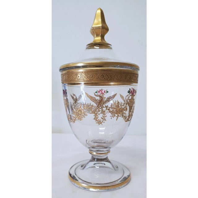French 40s Gilt Crystal Candy Dish With Lid marked on the inner cup. This Candy Dish has bird motif ad gilt around the...