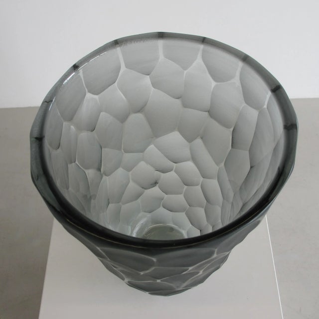 Hand blow Murano glass vase with glass ornaments in green and blue-green, engraved with signature on base. Decorative...