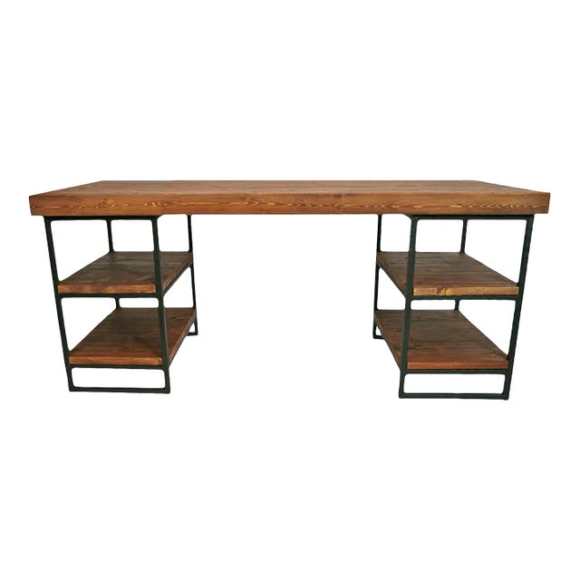 Reclaimed Wood & Iron Shelf Desk For Sale