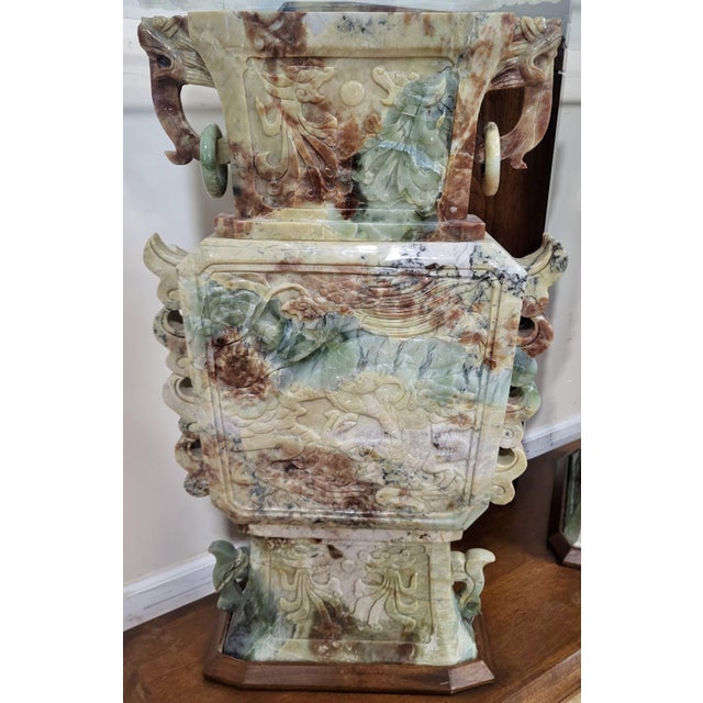 Antique Chinese Mottled Jade Green Hardstone Pair Urns as Altar Console Table For Sale - Image 9 of 11