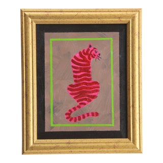 Tiger Minimalism Folk Art Abstract Beige Pink Lime Green Original Oil Painting by Cleo Plowden For Sale
