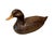 A vintage, hand carved duck decoy. Features a solid wood form with a two tone finish and amber colored eyes. Ochre colored...