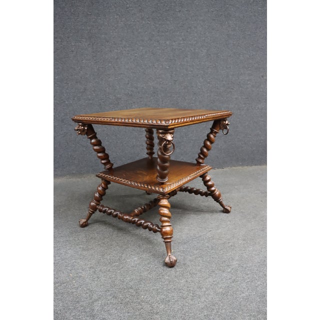 Wood Merklin Brothers Attributed Barley Twist Quarter Sawn Oak Side Table With Lion Mask Mounts For Sale - Image 7 of 13
