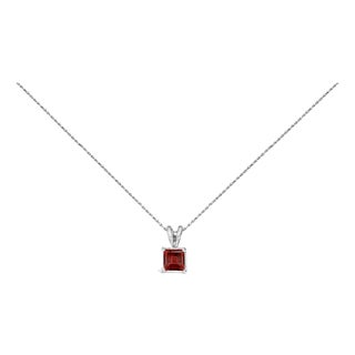 14K White Gold 5x5 MM Square Shaped Red Garnet Solitaire Pendant Necklace For Sale