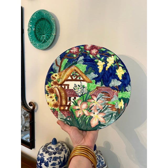 1940s Antique Maling Pottery Plate, 11” English Majolica Tube Lined Display Plate For Sale - Image 5 of 9