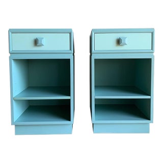 1940s Vintage Kittinger Green Blue Lacquered Mandarin Line Greek Key Hollywood Regency James Mont Style Nightstands - a Pair For Sale