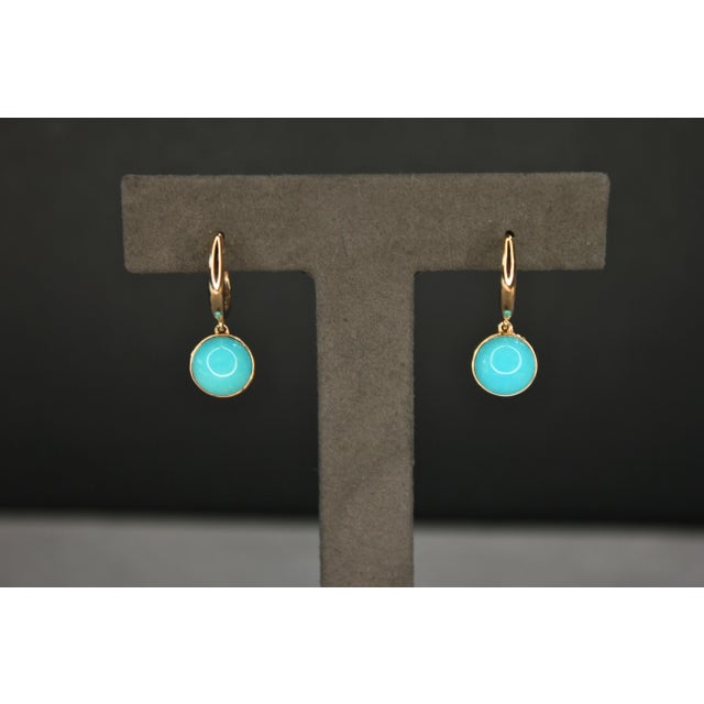Blue Blue Turquoise Round Cabochon Yellow Gold Huggie Drop Statement Dainty Earrings, A Pair For Sale - Image 8 of 10