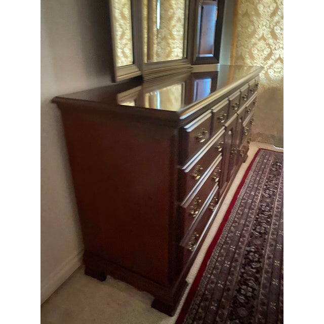 Late 20th Century Broyhill Premier Cherry Wood Triple Dresser & Triptych Split Swan-Neck Pediment Top Beveled Mirror Excellent “Mint” Condition For Sale - Image 9 of 18