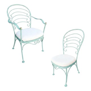 1950s Restored Teal "Ribcage" Patio/Outdoor Lounge Chair W/ Brass, Set of Two For Sale