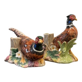 1990s Fitz and Floyd Fall Table Top Decor Pheasant Candle Stick Holders - a Pair For Sale