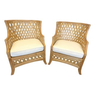 Woven Latticework Rattan Club Chairs in a Natural Finish With Cushions- A Pair For Sale