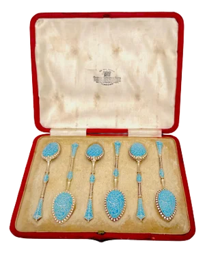 6 Russian Style Enamel Sterling Spoons, George Edward & Sons, Glasgow, 1888