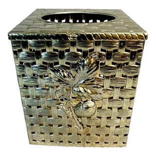 Mid-Century Hollywood Regency Faux Wicker Metal Tissue Box Cover With Strawberry Accent For Sale