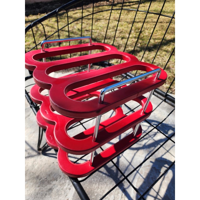 Animal Skin 1970s Mid Century Modern Authentic Swing Design Italy Red Leather & Chrome Wine Rack –6-Bottle For Sale - Image 7 of 16