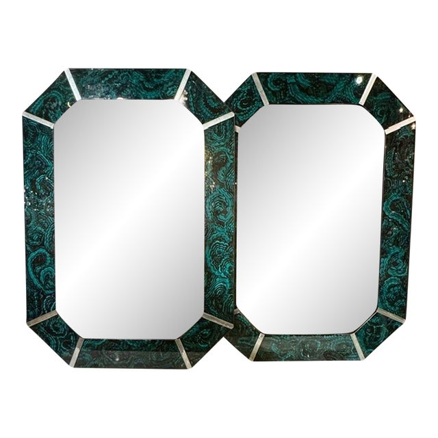 Pair of Octagnal Reverse Painted Malachite Mirrors For Sale