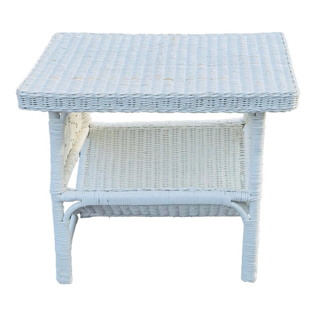 Vintage 1970s White Wicker Rectangular Side Table For Sale