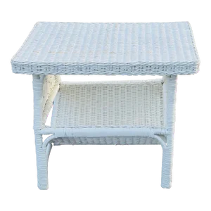 Vintage 1970s White Wicker Rectangular Side Table