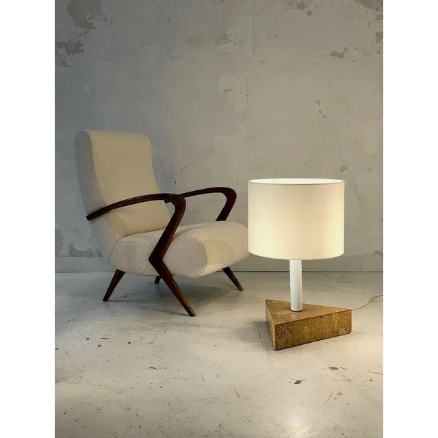 An enormous table lamp or rather, floor lamp, Post-Modernist, Bauhaus, thick triangular base in wood veneered with...