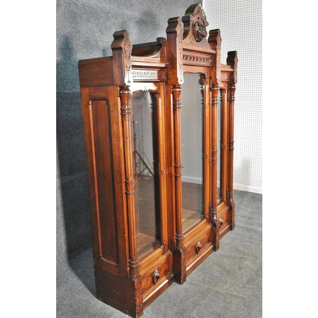 Traditional Attributed to Daniel Pabst Walnut Renaissance Revival Bookcase – Figural Victorian Three-Door Display Cabinet C. 1870 For Sale - Image 3 of 6