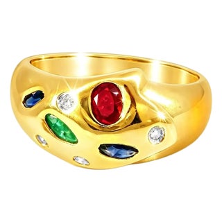 Late 20th Century 14K Yellow Gold Diamond Ruby Emerald Sapphire Gemstone Ring Band, Size 7.75 For Sale